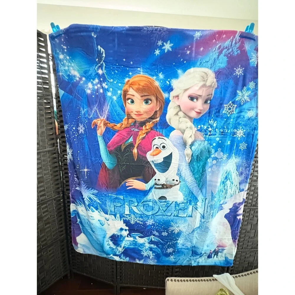 Disney‎ Frozen Anna Elsa Olaf Plush Throw Blanket Blue Purple 60x50